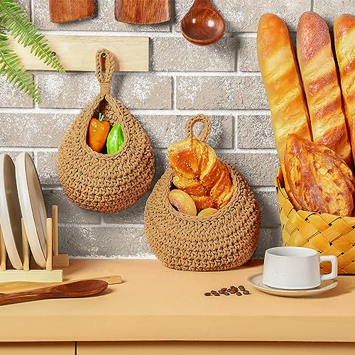 4 Pcs Small Hanging Fruit Baskets for Kitchen, Compact Boho Wall Organizer with 1 Three Tier Basket and 3 Teardrop Baskets with Hooks, Cotton Rope Storage for Garlic Onion Small Fruits(Brown) - view 3