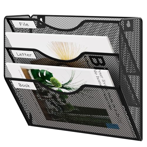 3 Pocket Mesh Wall File Organizer, Hanging Paper Folder Holder with Classify Label, Vertical Wall Mount Mail Organizer for Office Home Classroom, Black