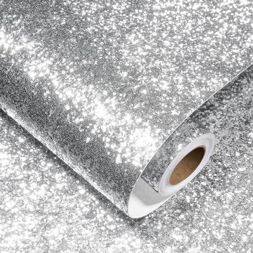 Silver Glitter Wallpaper Peel and Stick for Walls Removable Sparkle Wallpaper 17.7"x120" Glitter Contact Paper Silver Wall Paper Sparkle Chunky Sequins Vinyl for Crafts Party Decorative