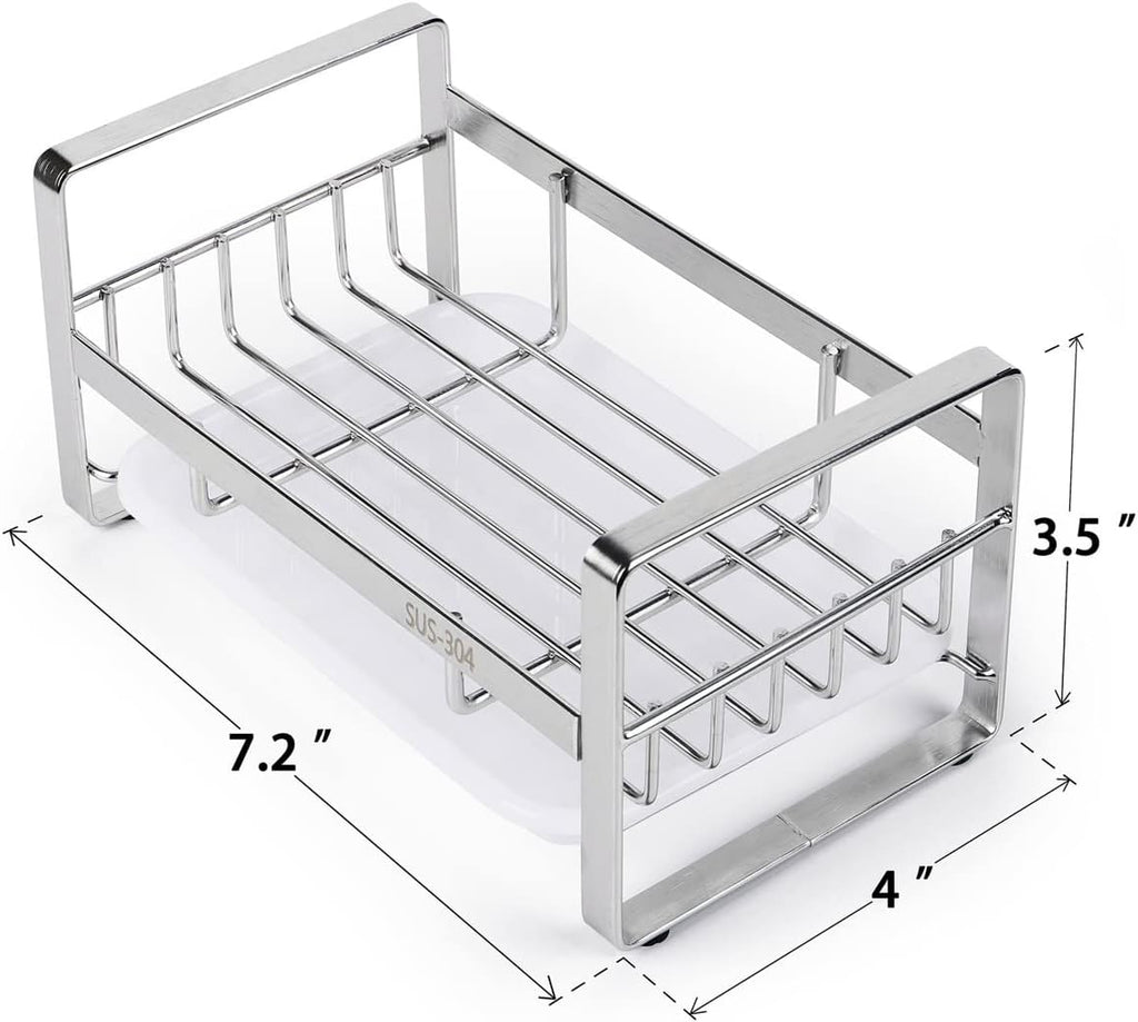 Kitchen Sink Sponge Holder, 304 Stainless Steel Kitchen Soap Dispenser Caddy Organizer, Countertop Soap Dish Rack Drainer with Removable Drain Tray, not Including Dispenser and Brush | Removable Drain Tray, Holds Sponges Soap Bottles Brushes, Countertop S - view 4