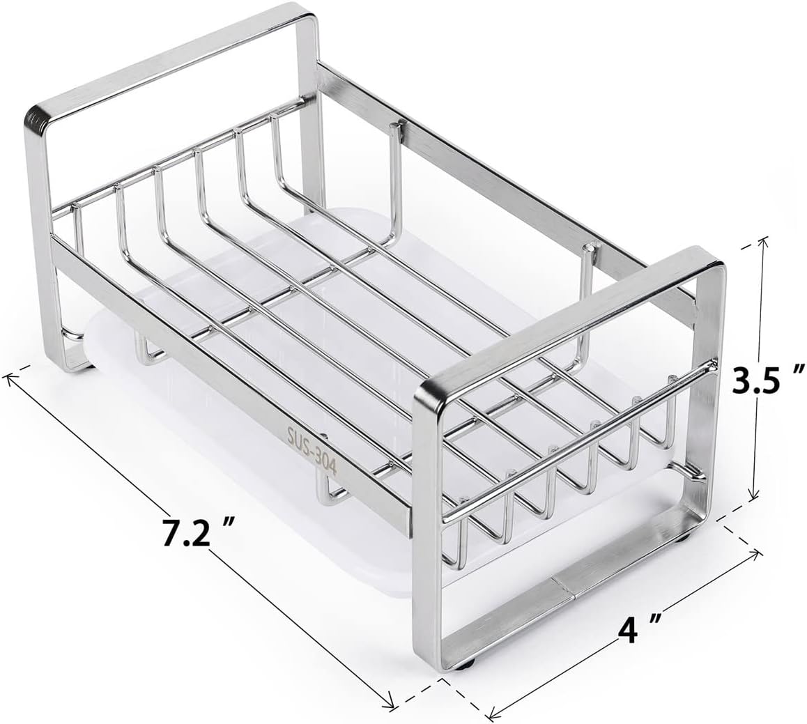Kitchen Sink Sponge Holder, 304 Stainless Steel Kitchen Soap Dispenser Caddy Organizer, Countertop Soap Dish Rack Drainer with Removable Drain Tray, not Including Dispenser and Brush | Removable Drain Tray, Holds Sponges Soap Bottles Brushes, Countertop S - view 4