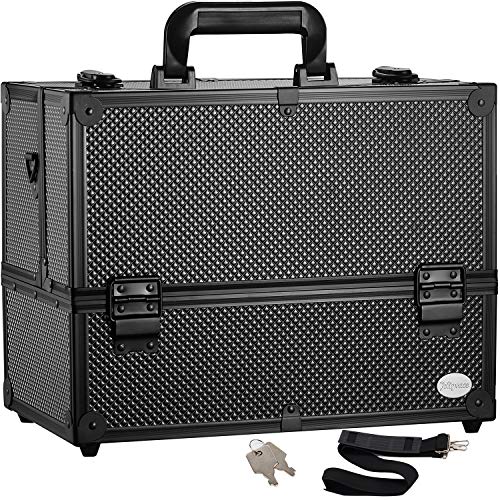 Makeup Train Case Professional Adjustable - 6 Trays Cosmetic Cases Makeup Storage Organizer Box with Lock and Compartments 14 Inch Large Black