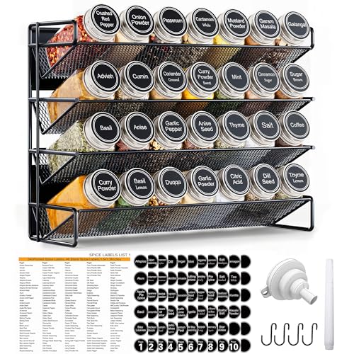 Spice Rack Organizer for Cabinet with 28 Spice Jars, 386 Spice Labels, Magnetic Spice Rack for Refrigerator, Seasoning Organizer for Countertop, Kitchen, Pantry, 13.2" W x 9.8" H, Black