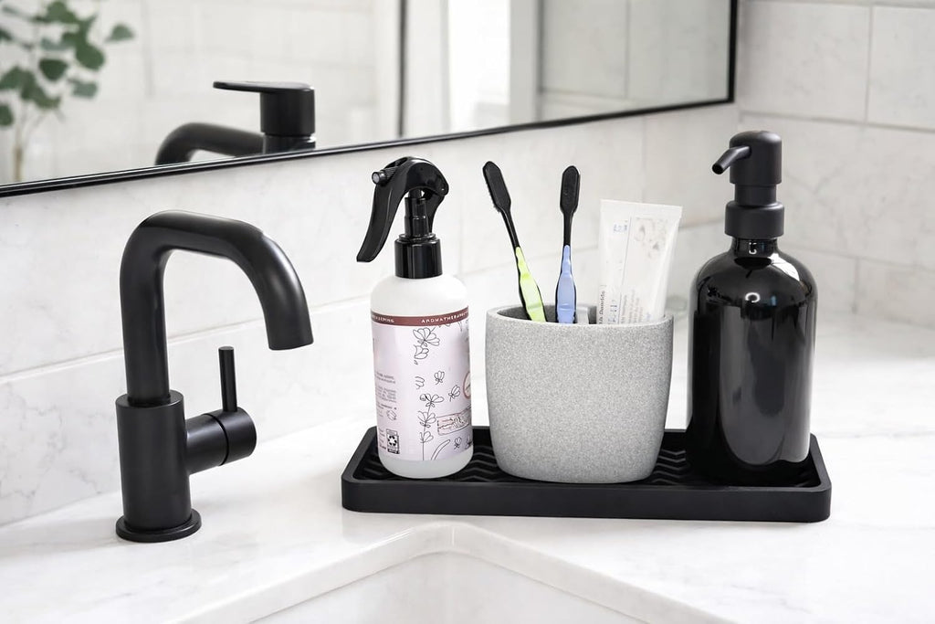 Silicone sink and surface organizer tray, sponge holder, vanity tray, heat safe, dishwasher safe, for bathroom and kitchen organization (vanilla cream, 12" x 4") - view 5