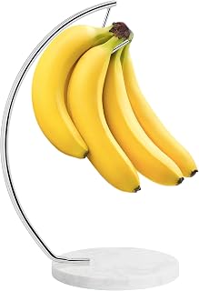 Livabber Banana Holder with Marble Base, Metal Banana Hanger Modern Tree Stand with Hook, Stylish Banana Keeper Fresh Fruit Storage Organizer Freestanding for Kitchen Countertop (Chrome, Single Hook)