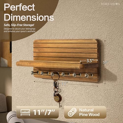 Key Holder Wall Mount with 6 Hooks for Entryway, Light Brown - view 2