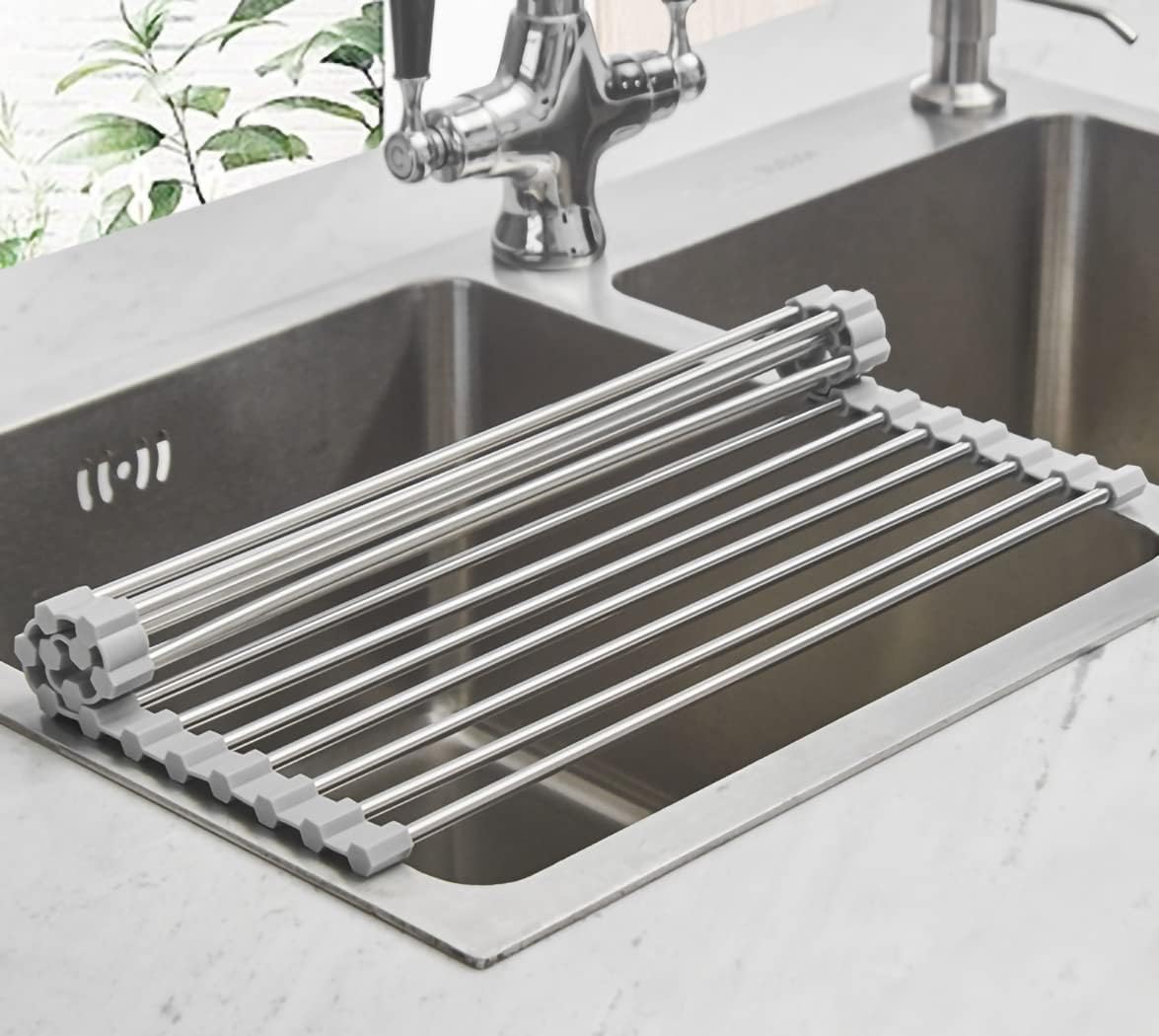 Ahyuan Roll up Dish Drying Rack Over The Sink Kitchen Roll up Sink Drying Rack Portable Dish Drainer Foldable Dish Drying Rack (Warm Gray, 17.8''X11.8'') - view 4