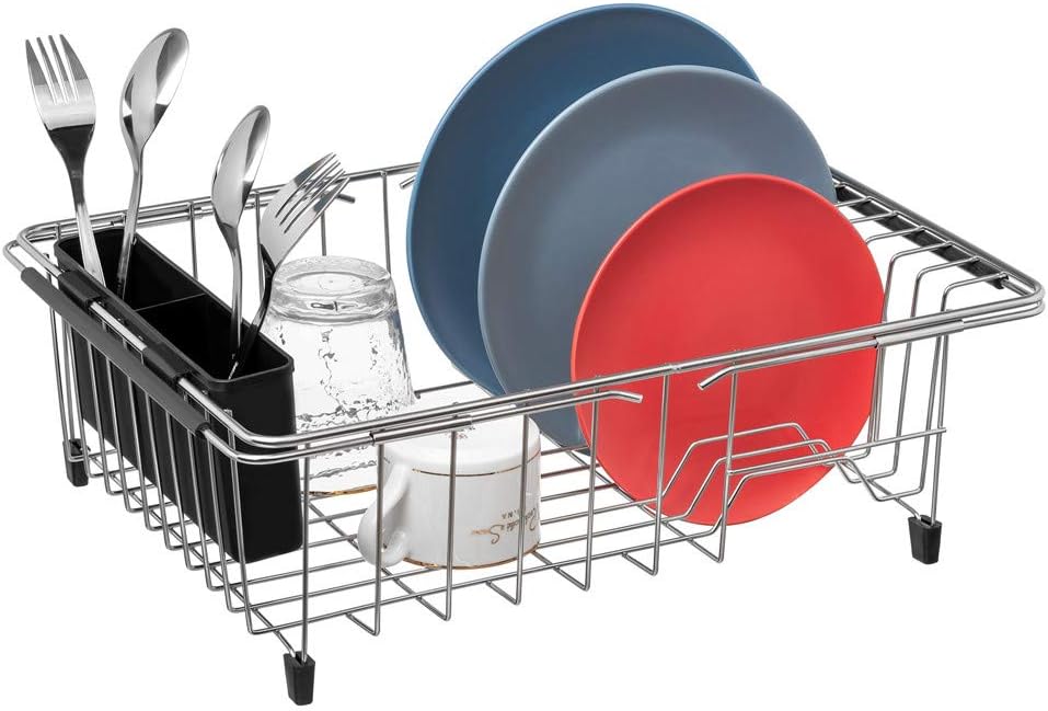 Dish Drying Rack, Large Dish Rack Adjustable Deep Dish Drainer with Removable Silverware Holder, Deep Large Dish Rack in Sink On Counter, Expandable Arms, Stainless Steel