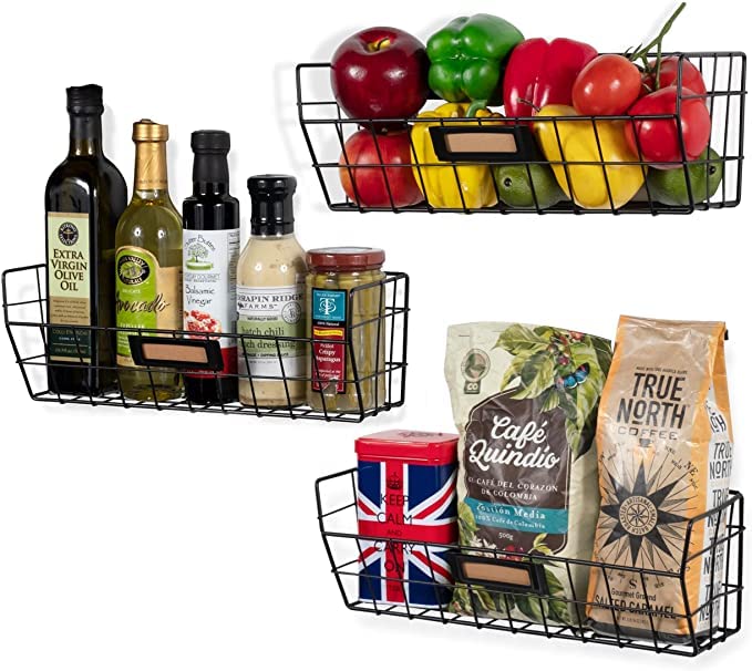 Wall Mounted Wire Basket Kitchen Storage Pantry Organizer Fruit Basket Varying Sizes Set of 3 Black - view 2