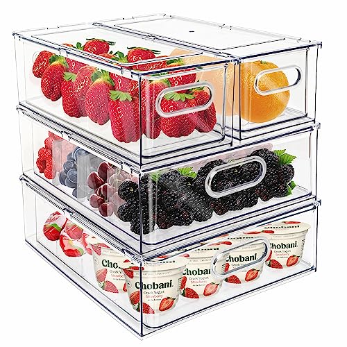 Fridge Drawer Pull Out Stackable Bins with Handle Clear Refrigerator Drawers Organizer Food Storage Container Box with Dividers Plastic Produce Saver for Pantry, Cabinet, Kitchen, Clothes（4Pack）