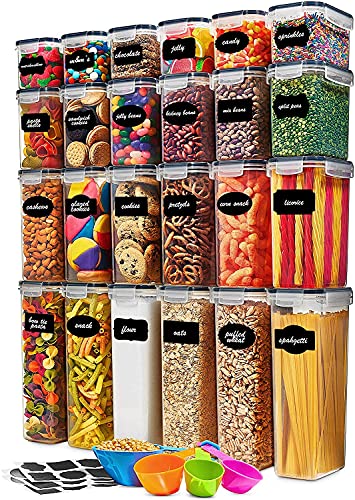 24 Pack Airtight Food Storage Container Set - BPA Free Clear Plastic Kitchen and Pantry Organization Canisters with Durable Lids for Cereal, Dry Food Flour & Sugar - Labels, Marker & Spoon Set