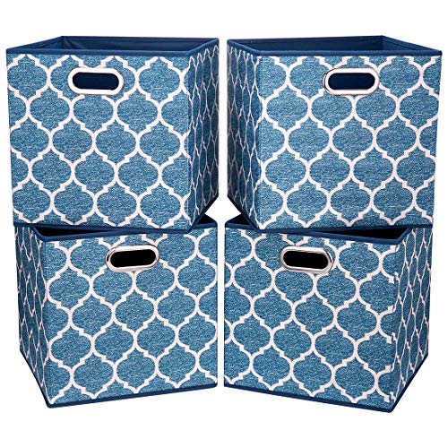 Cloth Storage Bins Set of 4 Thick Fabric Drawers Foldable Cubes Basket Organizer Container with Dual Metal Handles for Shelf Cabinet Bookcase Boxes Navy-Blue 13x13x13 inch