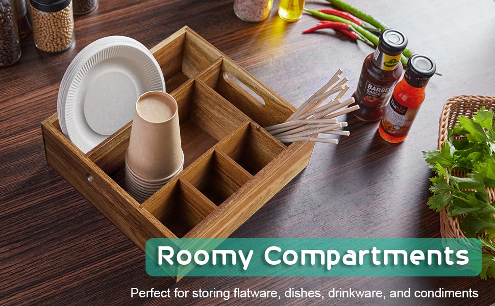 Acacia Wood Utensil Holder for Party - Paper Plate Organizer for Countertop - Silverware Caddy with 6 Compartments for Plate, Cup, Fork, Spoon - Cutlery Holder for Kitchen Camping Buffet - view 7