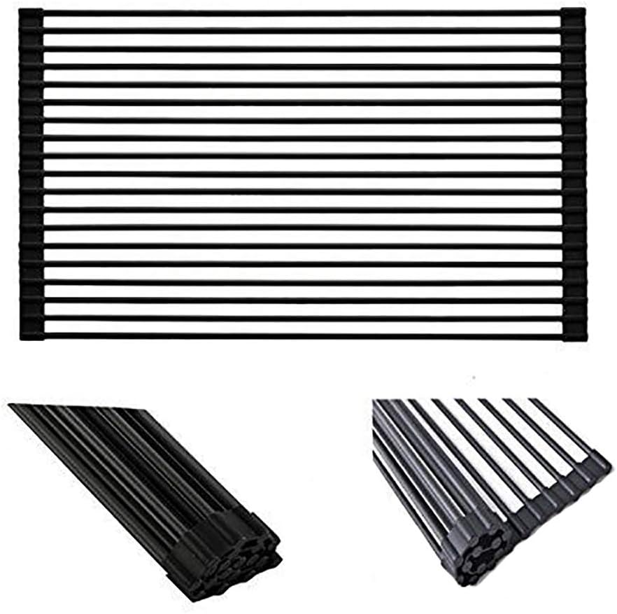 Large Roll up Dish Drying Rack Foldable Dish Rack Over Sink Dish Drainer Roll-up Sink Drying Rack Full Silicone Coated Stainless Still Dish Drying Rack (Matte Black, 20.5''X13.13'') - view 5