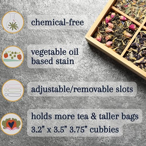 Tea Organizer Box 7.4" x 8.1" x 4.2" Bamboo Wood Organizer Storage Chest 4 Tall Adjustable Slots 100% Handmade Eco-Friendly Natural Kitchen Décor - view 2