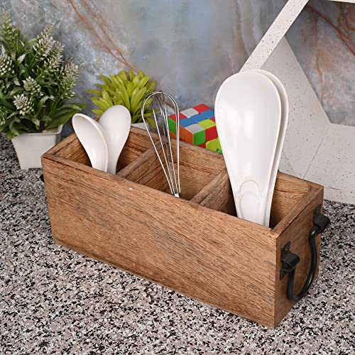 Mango Wood Cutlery Holder Caddy Organizer Wooden Utensil Storage Organizer Countertop for Silverware Fork Spoon Spatula 3 compartments (11" x 4" x 4.5") - view 5