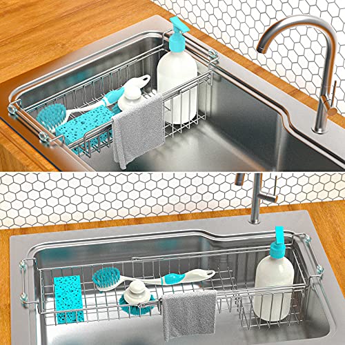 Over the Sink Caddy, Expandable Stainless Steel Sponge Holder for Kitchen Sink, 14.5-22 in Sink Organizer Rack for Sponge, Soap, Brush, Dish Cloth and Rag, Rust-Resistant Drying Holder - view 3