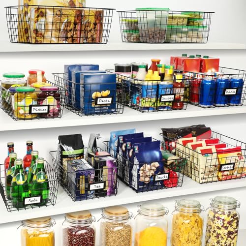 8 Set, Extra Large Wire Baskets for Organizing with Lables, Cabinet Pantry Organization and Storage Bins - Metal Basket for Kitchen, Laundry, Garage, Fridge, Bathroom Countertop Organizer, Black - view 3