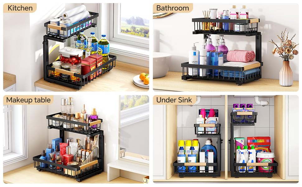Under Sink Organizer, Adjustable Height, 2 Tier Pull Out Under Cabinet Organizer, Slide Out Thickened Metal Under Sink Storage for Kitchen Bathroom Laundry Pantry Cabinet, Black, Small-2-Pack - view 7