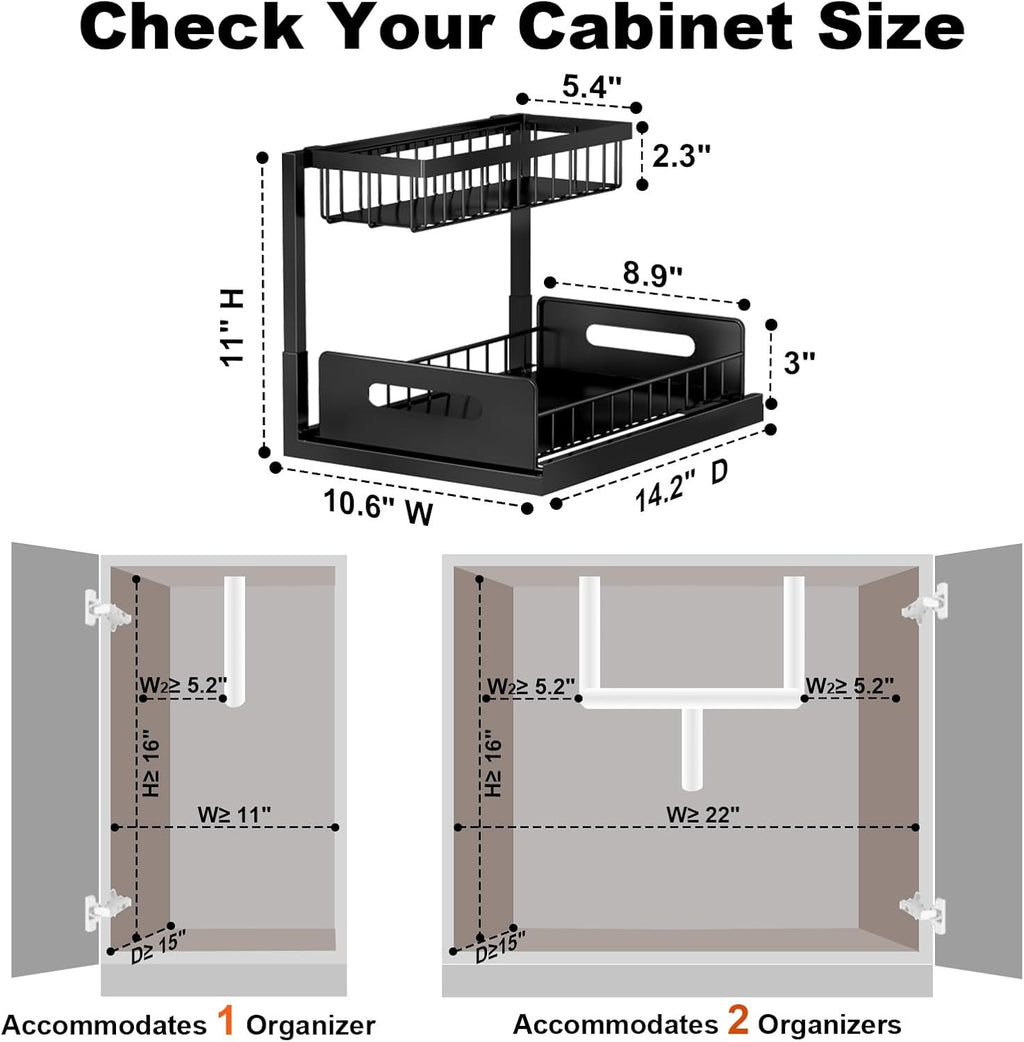 Under sink organizer, L-shaped pull out cabinet organizer, kitchen | 2 tier metal slide out shelf for kitchen, bathroom, laundry, and utility cabinet storage for deep cabinets, black, 1 pack - view 2