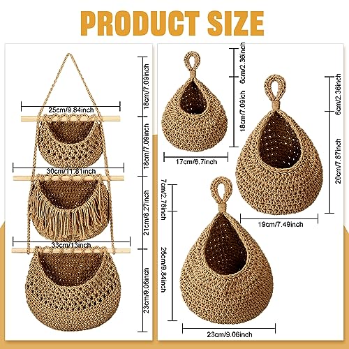 4 Pcs Small Hanging Fruit Baskets for Kitchen, Compact Boho Wall Organizer with 1 Three Tier Basket and 3 Teardrop Baskets with Hooks, Cotton Rope Storage for Garlic Onion Small Fruits(Brown) - view 2