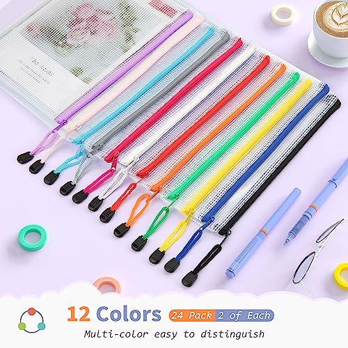 24 Pack A5 Mesh Zipper Pouches, 12 Colors Storage Organizer Bags - view 2