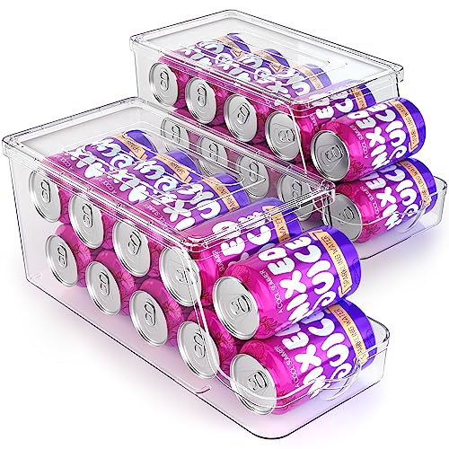 Soda Can Dispenser for Refrigerator with Lids, Stackable, 2 Pack