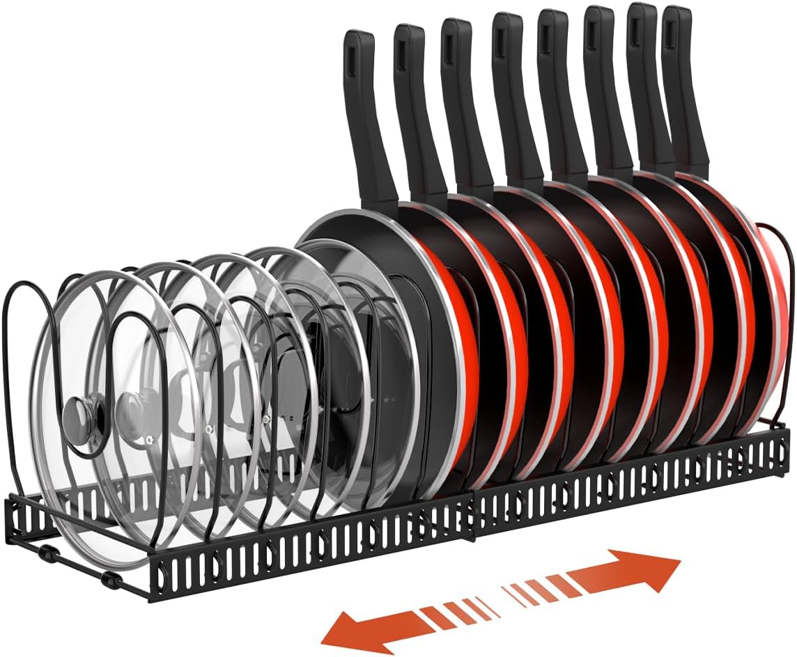 Pot and Pan Lid Organizer Holder Storage Rack, Black | 12"-23" Expandable, 14 Adjustable Dividers, Sturdy Metal Construction, Easy Assembly