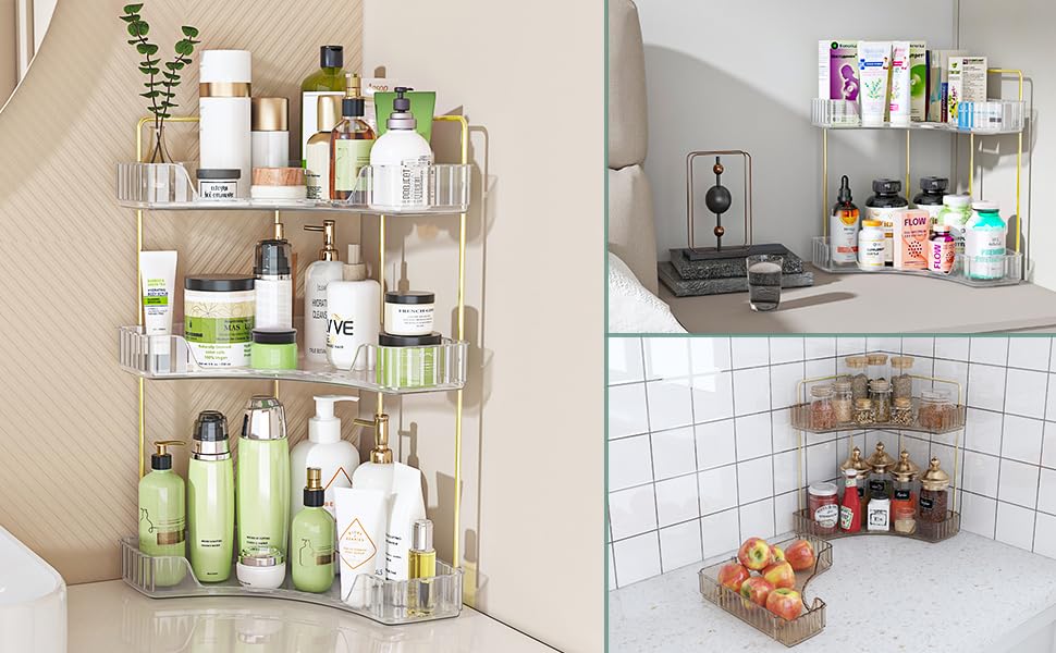 3-Tier Corner Bathroom Counter Organizer, Gold Metal Frame, Clear - view 3