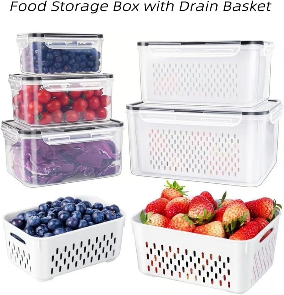 Food Storage Containers for Fridge, 4 in 1 Preservation System Household Transparent Plastic Food Storage Box-Including Drain Basket, For Vegetable and Berry, Kitchen Organizer(Three-piece set) - view 4