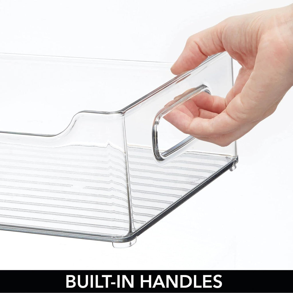 Wide Plastic Kitchen Storage Container Bins with Handles -Organization in Pantry, Cabinet, Refrigerator or Freezer Shelves - Food Organizer for Fruit, Yogurt, Squeeze Pouches - 2 Pack - Clear - view 6