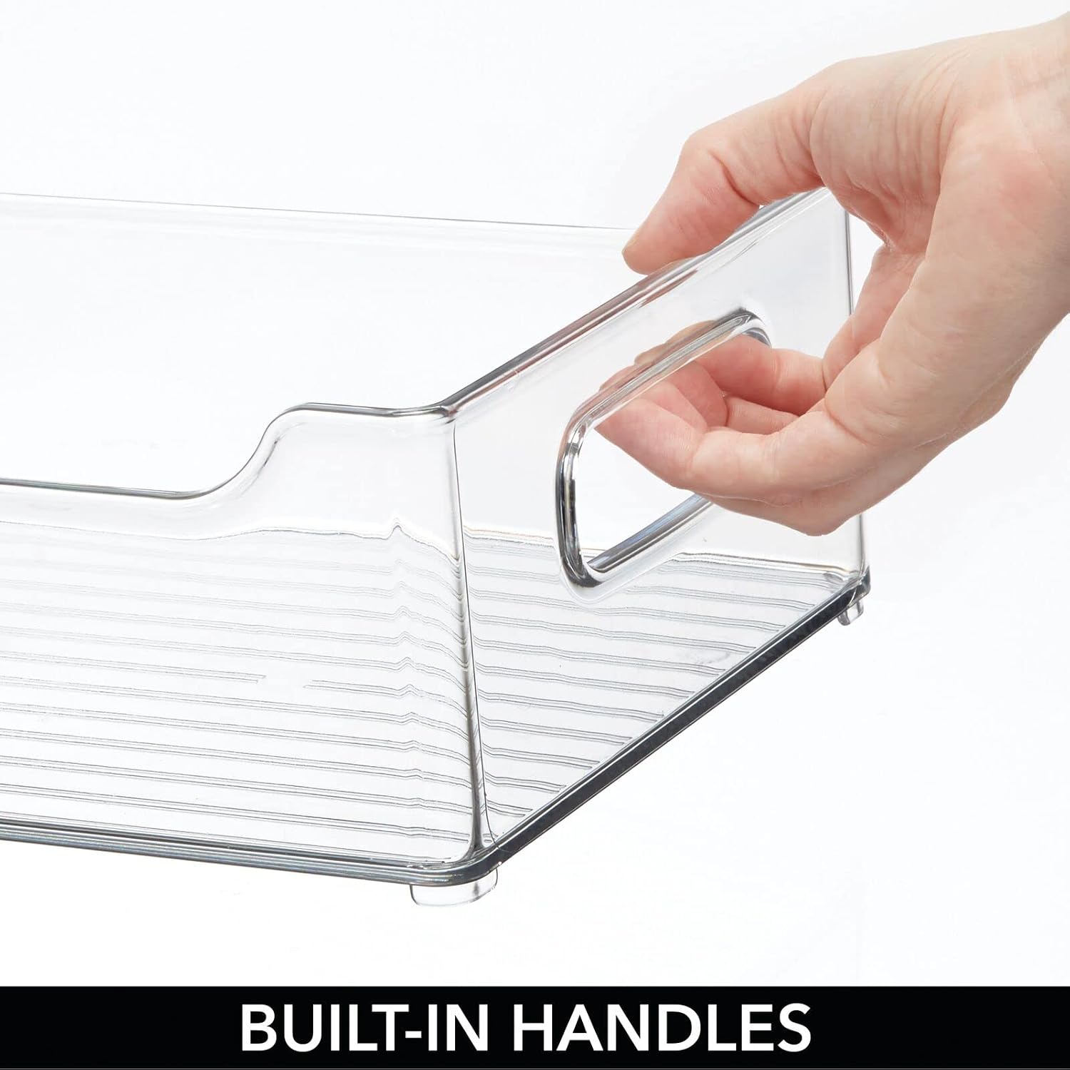 Wide Plastic Kitchen Storage Container Bins with Handles -Organization in Pantry, Cabinet, Refrigerator or Freezer Shelves - Food Organizer for Fruit, Yogurt, Squeeze Pouches - 2 Pack - Clear - view 6