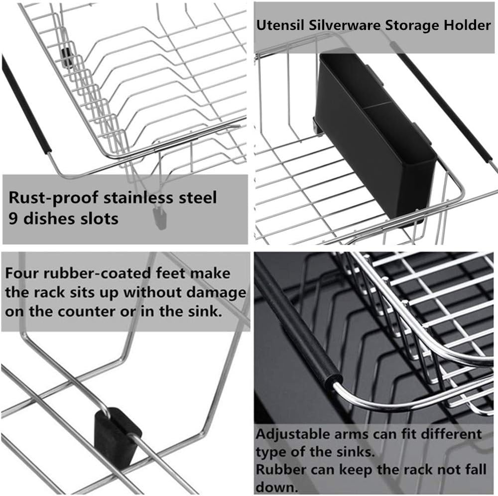 Dish Drying Rack, Large Dish Rack Adjustable Deep Dish Drainer with Removable Silverware Holder, Deep Large Dish Rack in Sink On Counter, Expandable Arms, Stainless Steel - view 4