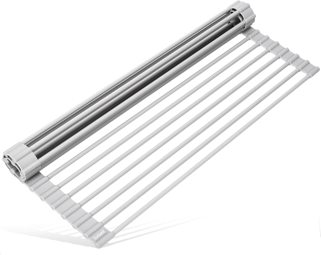 17.5 x 13.1 Inch Roll-Up Dish Drying Rack, Fits Across Sink Openings up to 16.5 Inches, Heavy-Duty Premium Silicone, Strong Support, Non-Slip, Heat-Resistant, Warm Gray
