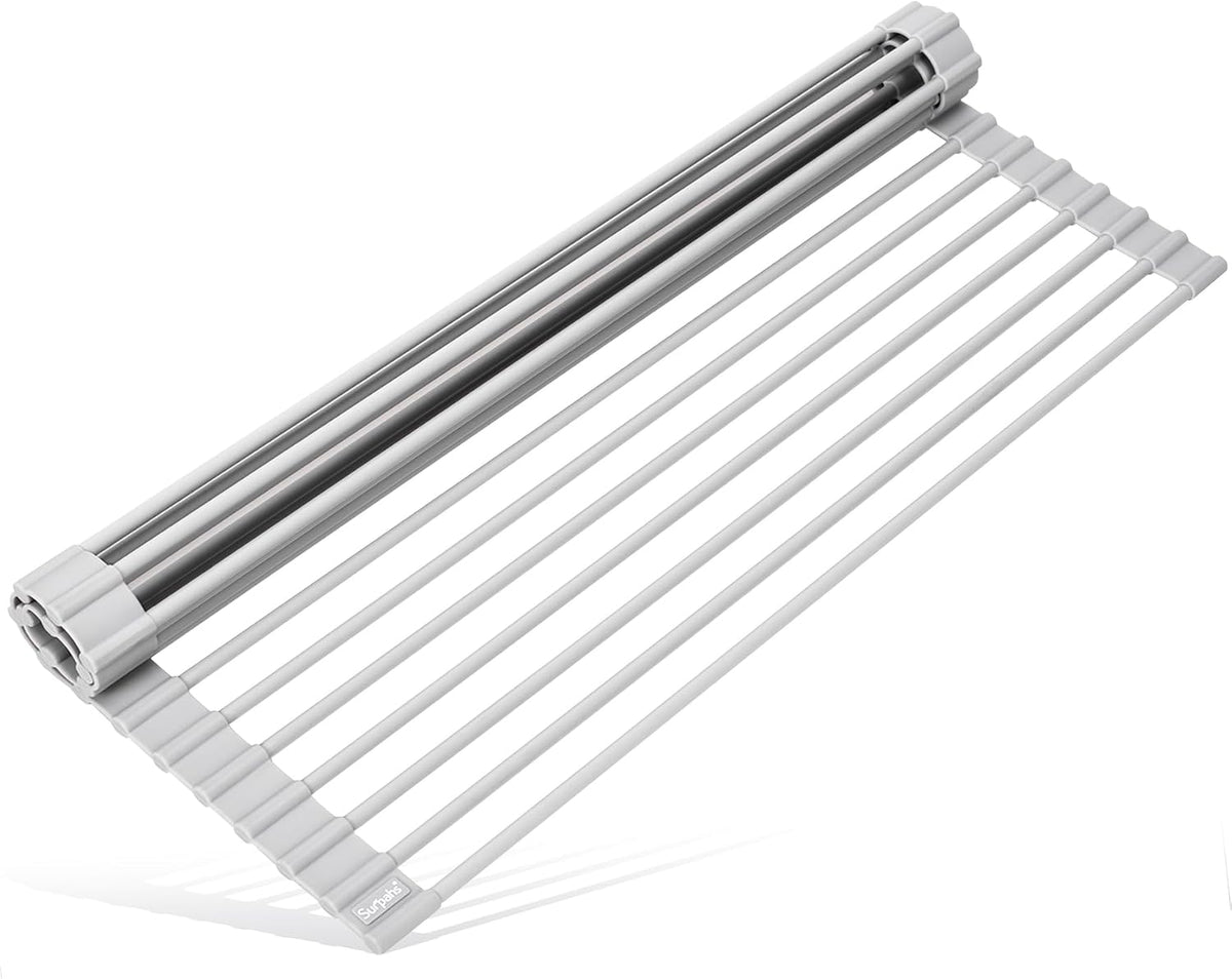 17.5 x 13.1 Inch Roll-Up Dish Drying Rack, Fits Across Sink Openings up to 16.5 Inches, Heavy-Duty Premium Silicone, Strong Support, Non-Slip, Heat-Resistant, Warm Gray
