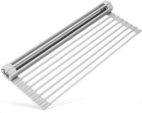 17.5 x 13.1 Inch Roll-Up Dish Drying Rack, Fits Across Sink Openings up to 16.5 Inches, Heavy-Duty Premium Silicone, Strong Support, Non-Slip, Heat-Resistant, Warm Gray