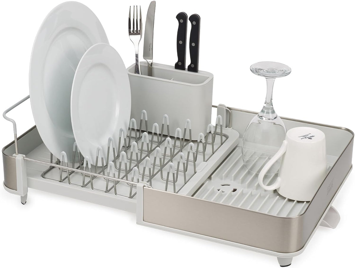 Extend Steel Expandable Dish Drying Rack with Removable Cutlery Holder Swivel Draining Spout, Stainless Steel
