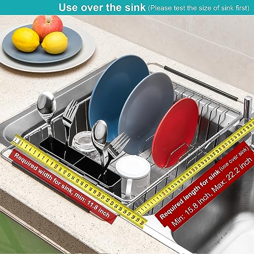 Expandable Multifunctional Dish Drying Rack, Over The Sink, in Sink Or On Counter Dish Drainer Basket Shelf with Black Utensil Silverware Holder, Rustproof Stainless Organizer - view 4