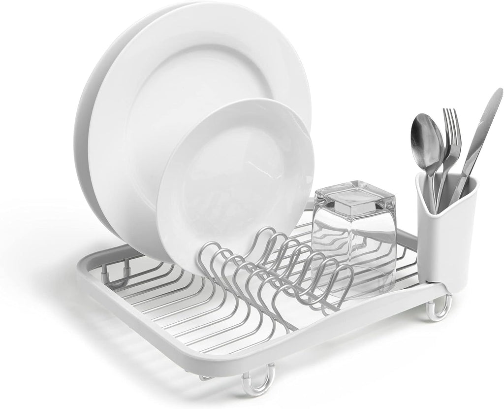 Sinkin Dish Drying Rack, in Sink or Countertop Drainer, White/Nickel | Removable utensil holder, non slip rubber feet, fits standard sizes, coated wire and plastic