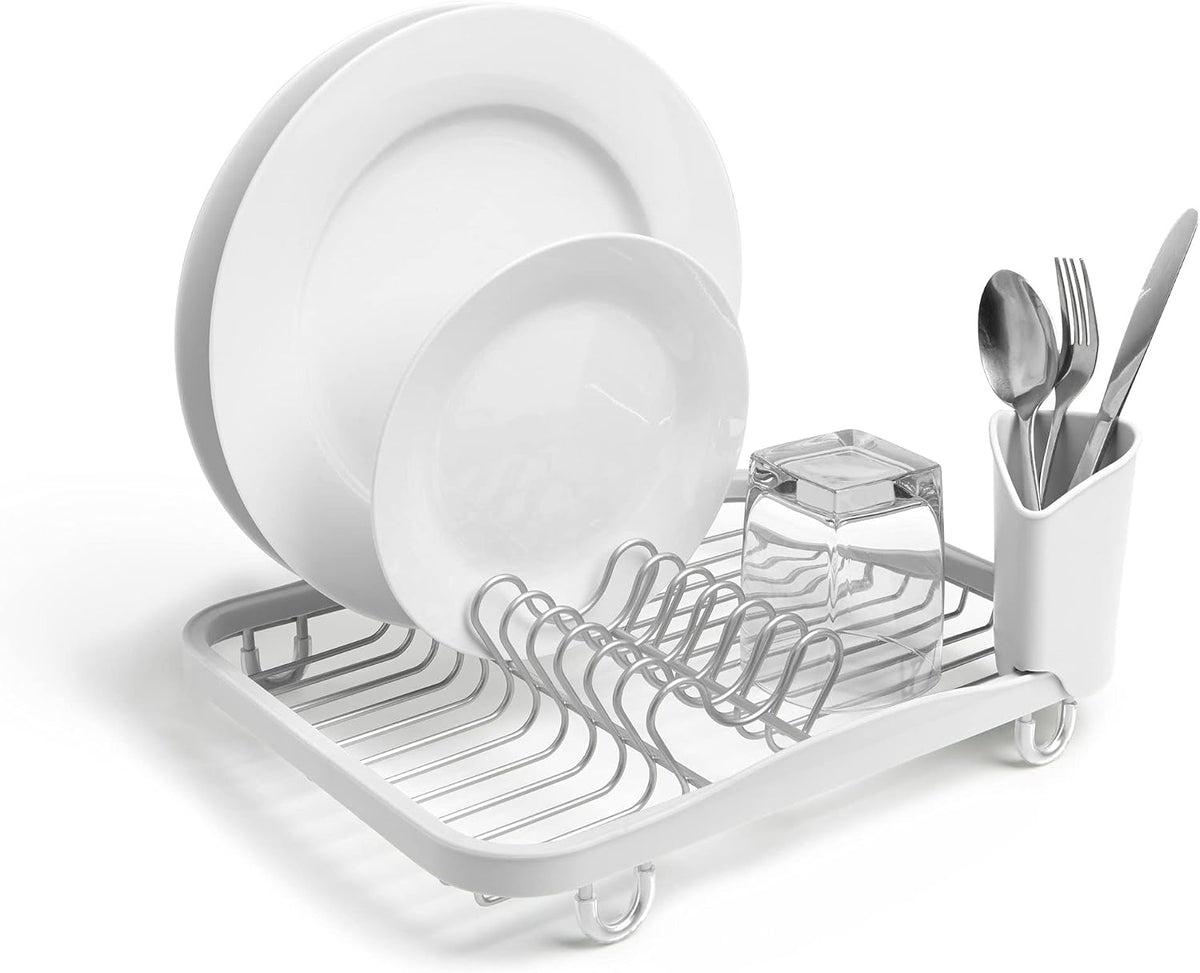 Sinkin Dish Drying Rack, in Sink or Countertop Drainer, White/Nickel | Removable utensil holder, non slip rubber feet, fits standard sizes, coated wire and plastic