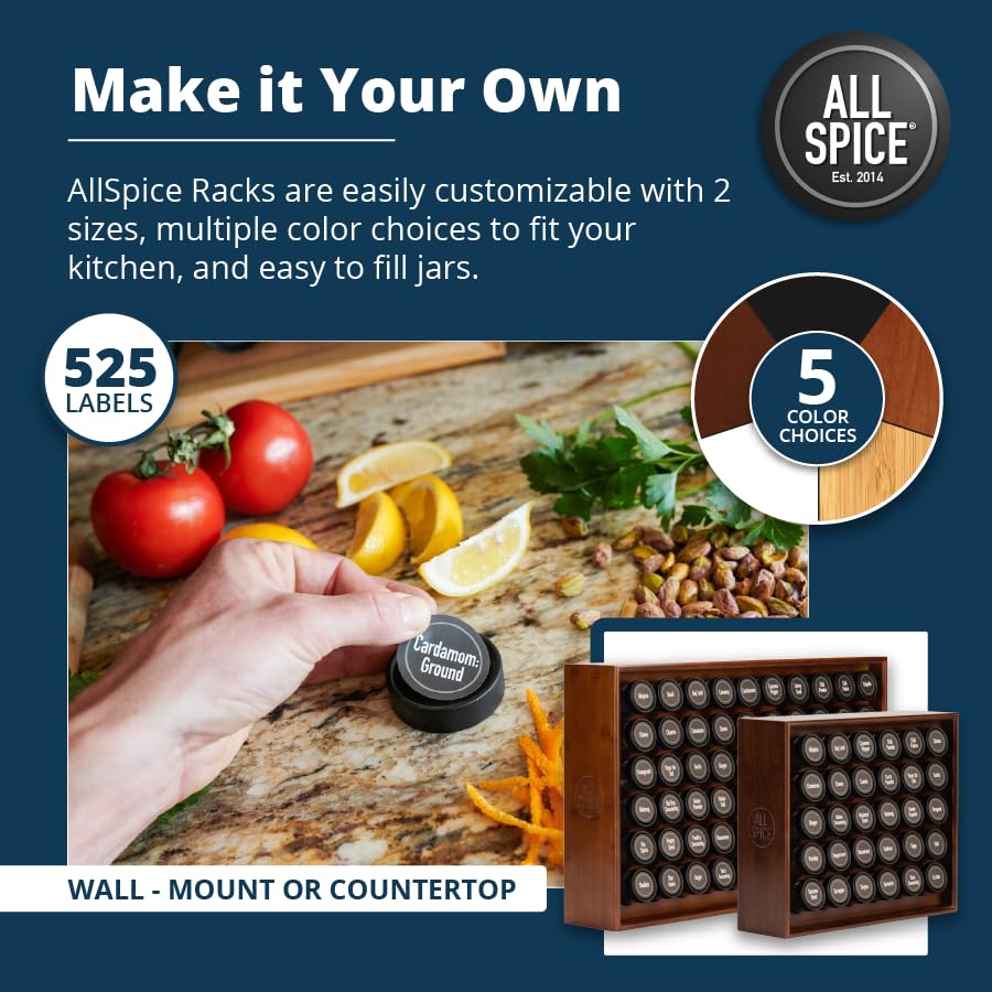 Spice Rack Organizer, Wood, 525 Unique Labels, Countertop or Wall Mount, Includes 30 4oz Jars- Walnut Stain - view 4