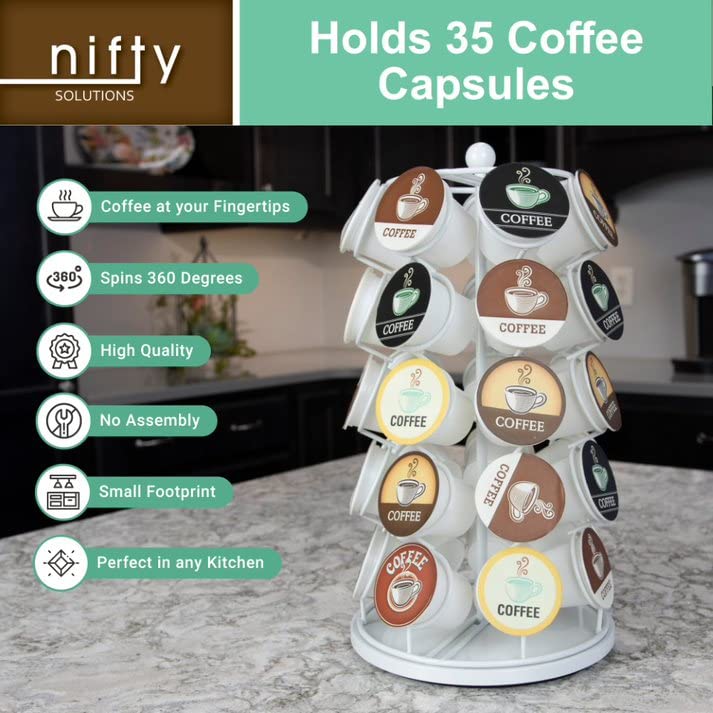 Keurig Coffee Pod Holder Carousel 360 Degree Spinning Organizer for K Cups 13 Inch Tall Compact Counter Storage Solution (35 K Cup Holder | White Black) - view 5