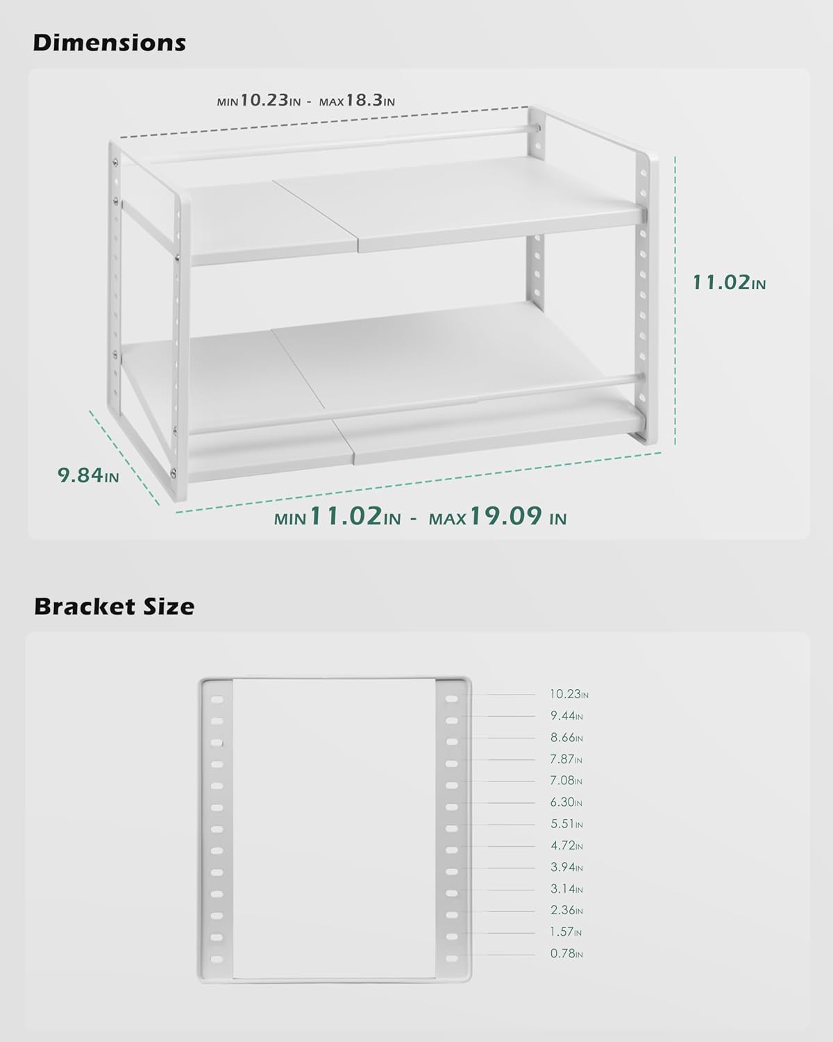 Expandable Cabinet Shelf Organizer, 2-Tier Countertop Storage Riser | Heavy-Duty Metal, Holds 80 lb, Adjusts Wide, 13 Height Slots, Tilt Option, for Kitchen, Pantry & Cupboard, Under Sink, White - view 2
