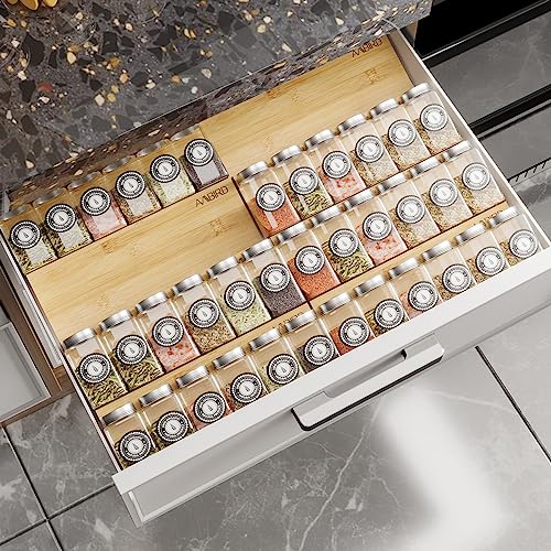 Bamboo Spice Drawer Organizer with Non-slip Mat,4 Tier - 2 Set Jar Spice Rack Tray From 12''to 24'',Hold up 48 Jars Seasoning Organizer for Kitchen,Cabinet,Drawers,Countertop