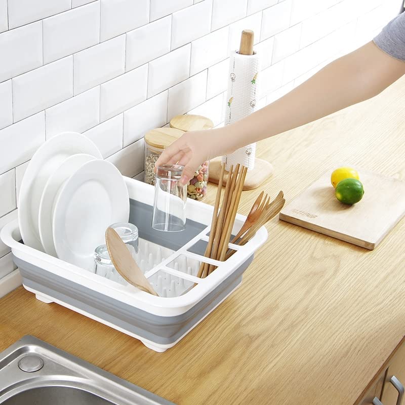 Collapsible Dish Drying Rack - Popup for Easy Storage, Drain Water Directly into The Sink, Room for Eight Large Plates, Sectional Cutlery and Utensil Compartment, Compact (Blue) - view 5