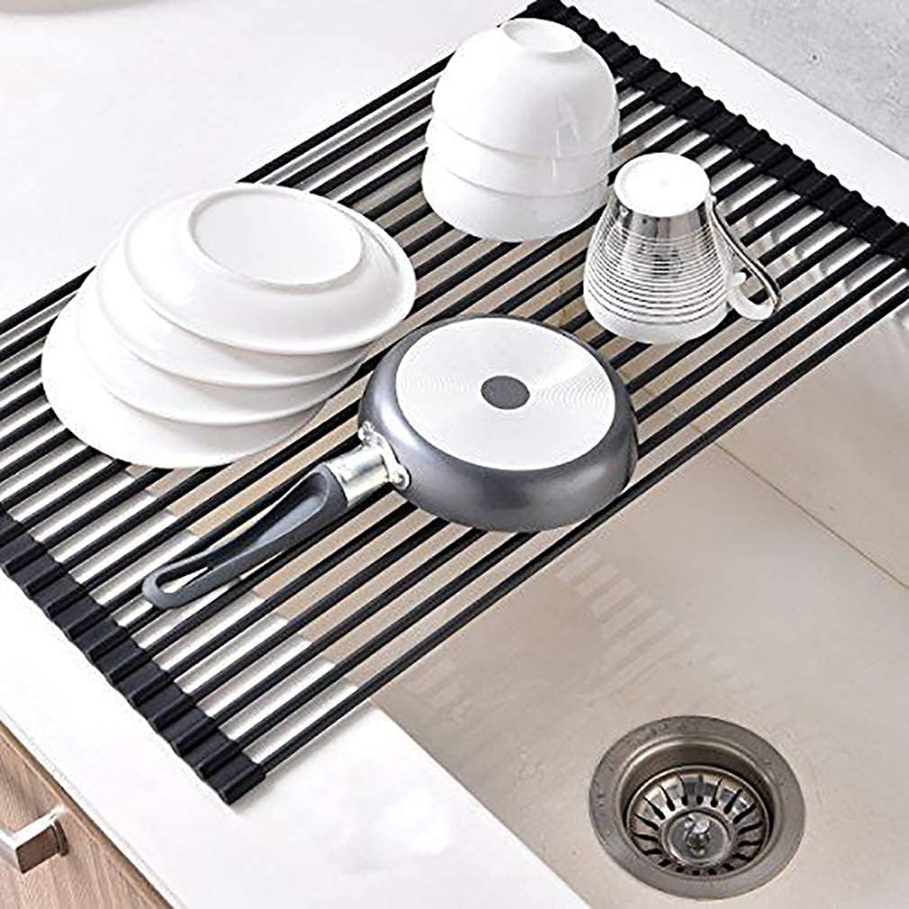 Large Roll up Dish Drying Rack Foldable Dish Rack Over Sink Dish Drainer Roll-up Sink Drying Rack Full Silicone Coated Stainless Still Dish Drying Rack (Matte Black, 20.5''X13.13'') - view 2
