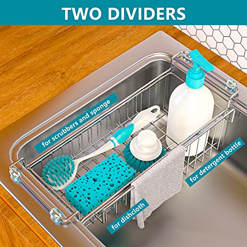 Over the Sink Caddy, Expandable Stainless Steel Sponge Holder for Kitchen Sink, 14.5-22 in Sink Organizer Rack for Sponge, Soap, Brush, Dish Cloth and Rag, Rust-Resistant Drying Holder - view 2
