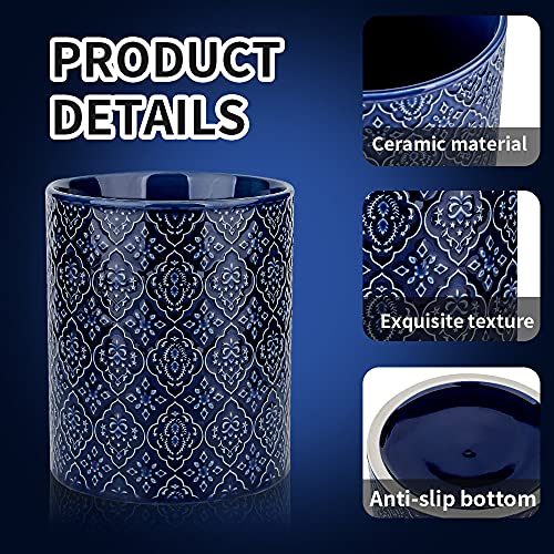 Kitchen Utensil Holder, Large Utensil Holders for Countertop, 6 x 7 Inches Ceramic Utensil Crock, Deep and Stable, Cooking Utensil Holder, Embossed Pattern (BLue) - view 2