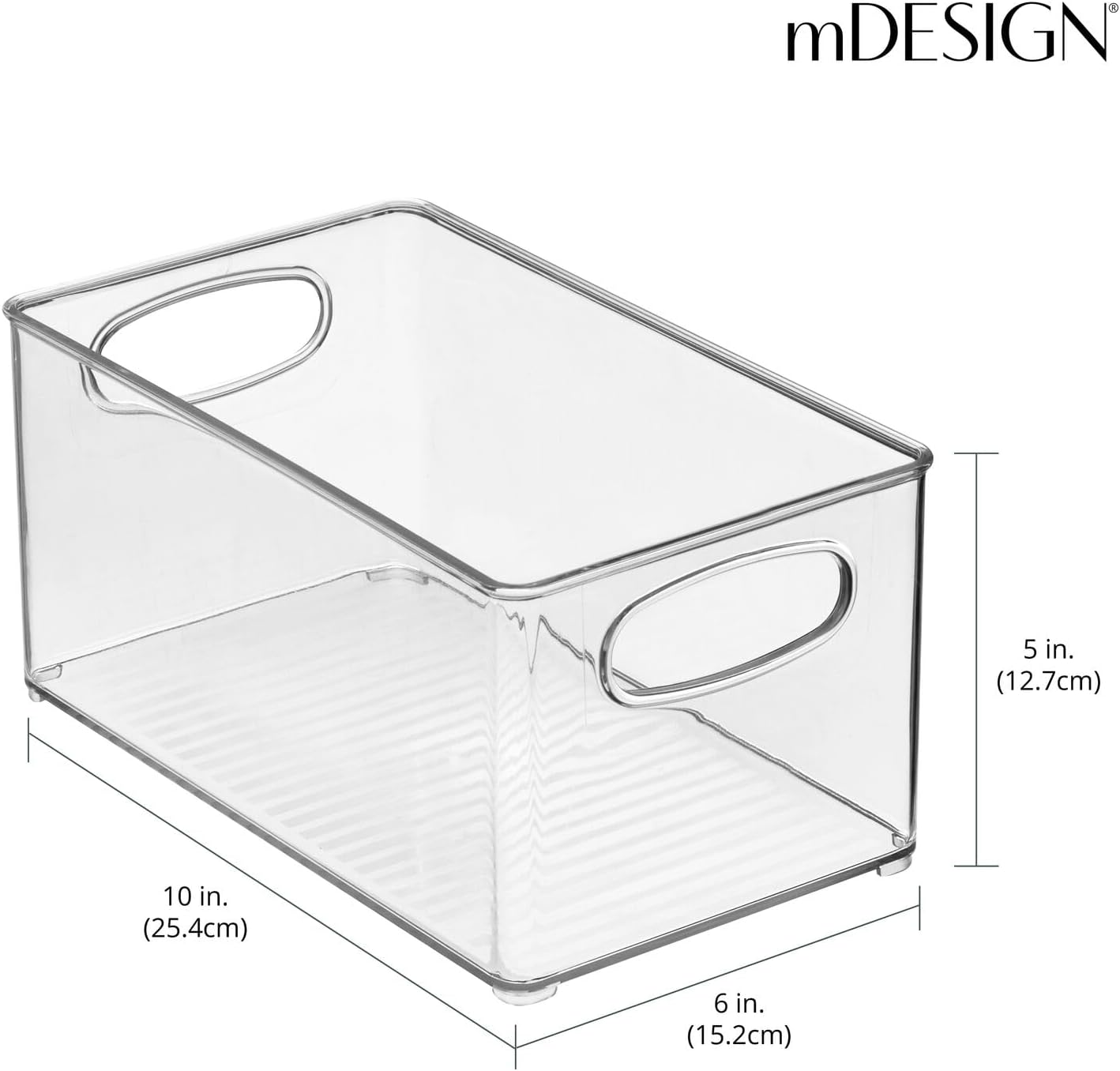 Plastic kitchen organizer - storage holder bin with handles for pantry, cupboard, cabinet, fridge/freezer, shelves, counter - holds canned food, snacks - 4 pack - clear