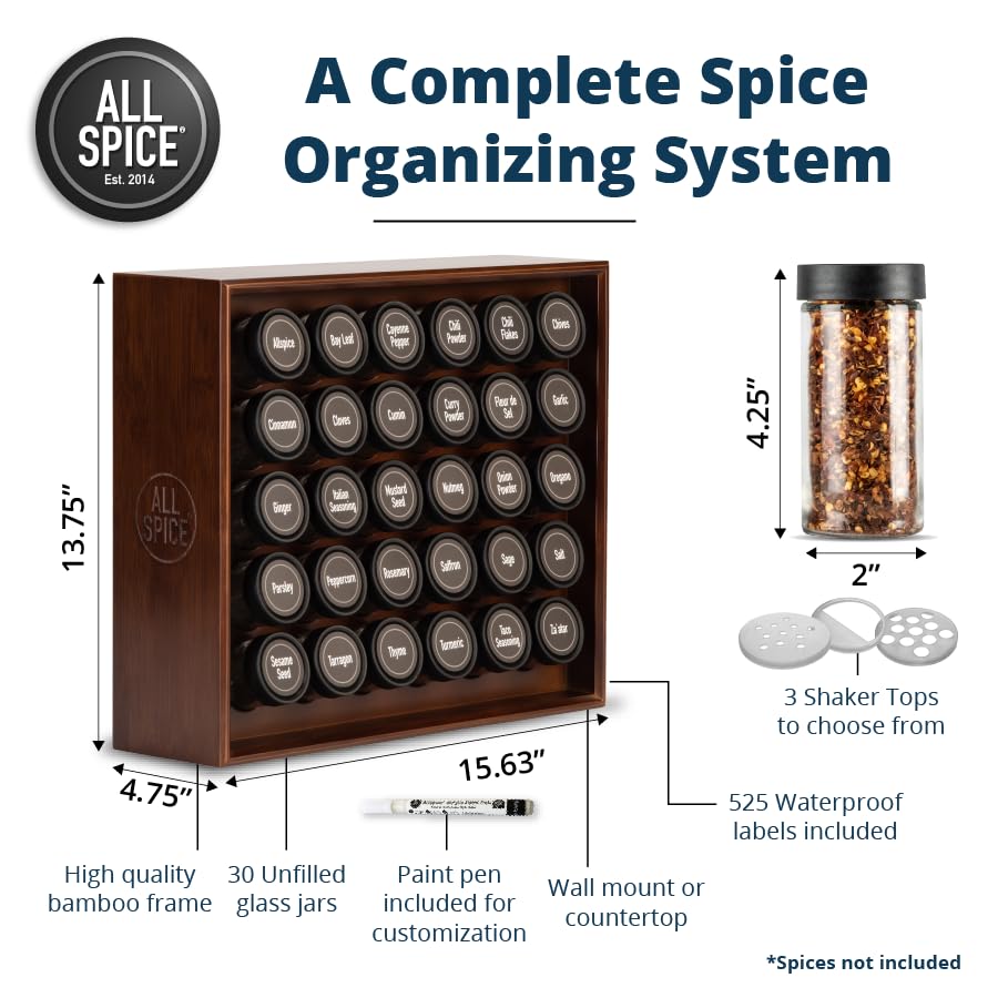 Spice Rack Organizer, Wood, 525 Unique Labels, Countertop or Wall Mount, Includes 30 4oz Jars- Walnut Stain - view 3